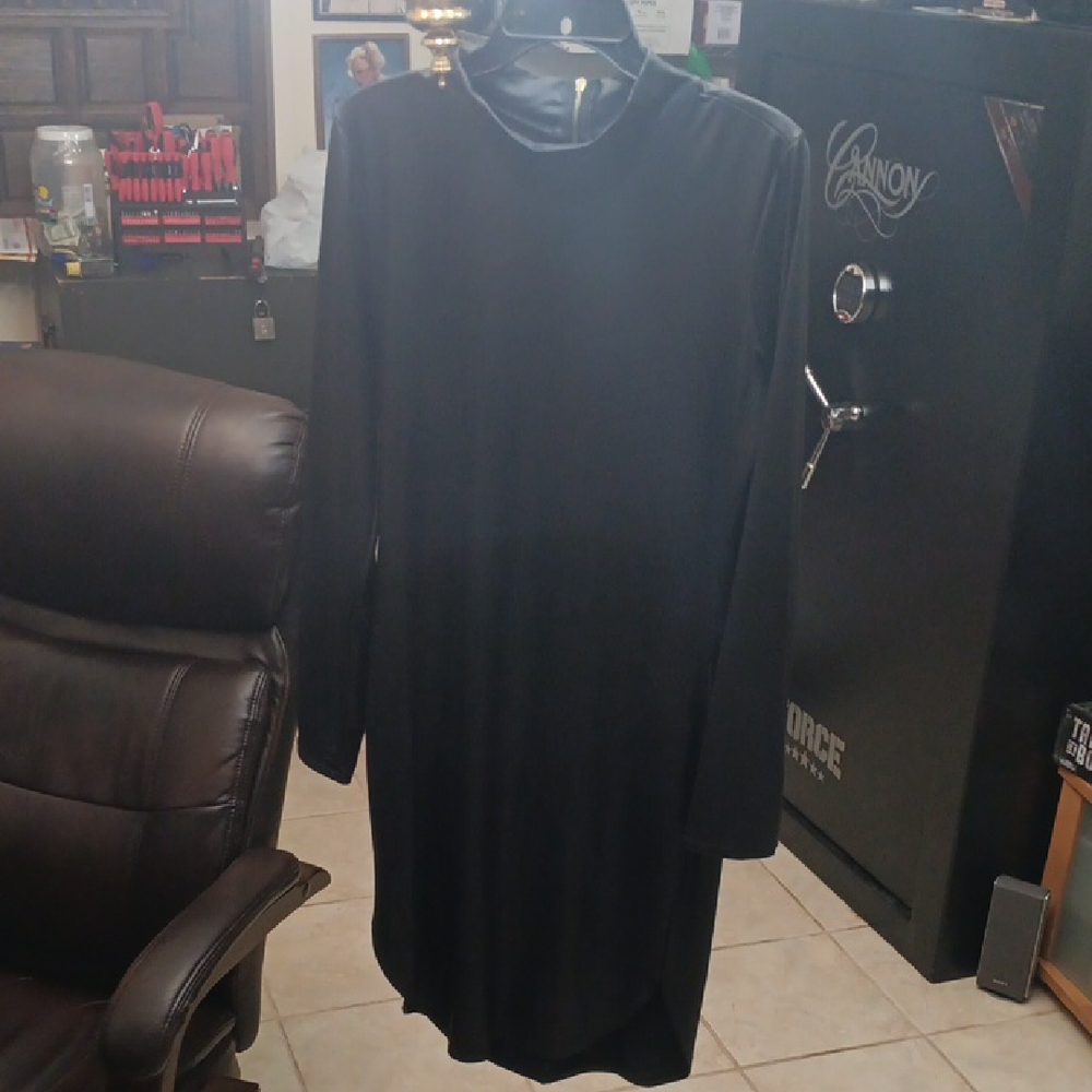 Black Faux Leather Mock Neck Long Sleeve Sheath Midi Dress